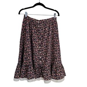 Purple Floral Prairie Skirt Button Front Lace Trim Midi XS 26 Boho Cottagecore